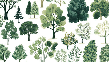 A collection of illustrated green trees, each showcasing different shapes, sizes, and foliage styles on a light background.