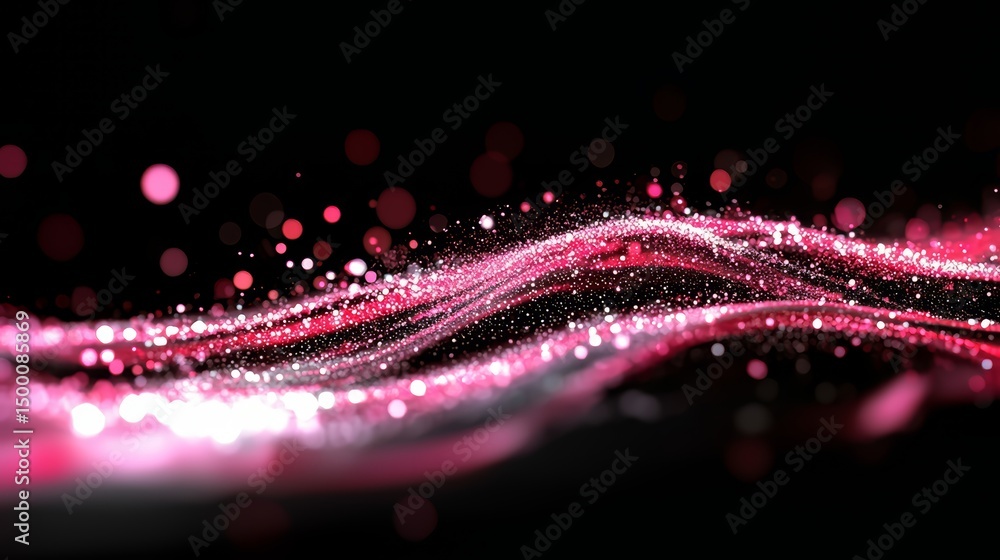 Poster pink wave of light with a black background. the light is made up of small dots that are scattered th