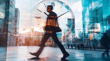 Blurred pedestrian walking in city with superimposed clock face and buildings