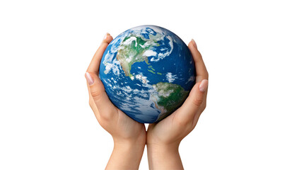 Hands holding the earth globe with continents and oceans against a black color background image view