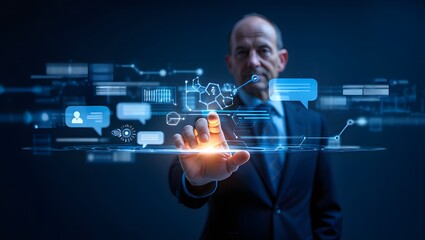 Man in suit interacting with digital interface and glowing touch screen display