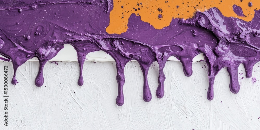 Aufkleber purple and orange paint drips down a white wall. the colors are vibrant and the drips create a sense