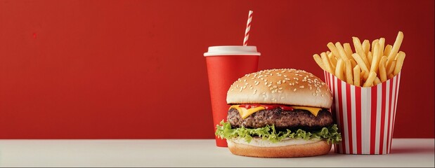 Beef burger, french fries and cola, close-up shot, red background with copy space