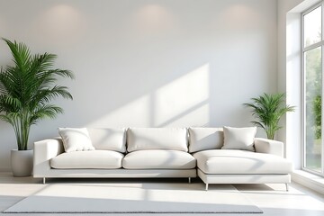 Minimalist interior with white sofa, cushions, plants, window, wooden floor, and white wall.