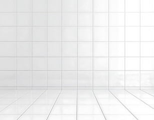Bright white tiled wall and floor. Modern and clean aesthetic. Smooth surface, geometric pattern. Reflective tiles. Ideal for background or texture.