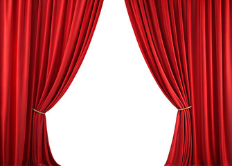 A theatrical stage with open red curtains revealing a dark void behind ready for a performance