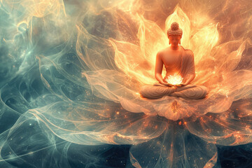 Enlightenment, serenity, and peace radiate from a meditating Buddha, bathed in warm, ethereal light.