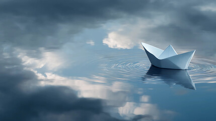 Serene White Paper Boat Floating on Calm Blue Water Under Cloudy Sky with Gentle Ripples
