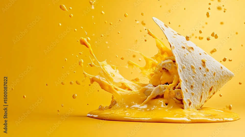 Poster chicken burrito spills its filling creating a yellow splash on matching surface against plain backgr