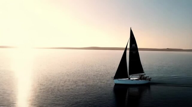  A minimalist seascape featuring a single sailboat gracefully gliding on calm waters. The clear sky and smooth water surface create a serene and peaceful scene, suitable for travel, leisure