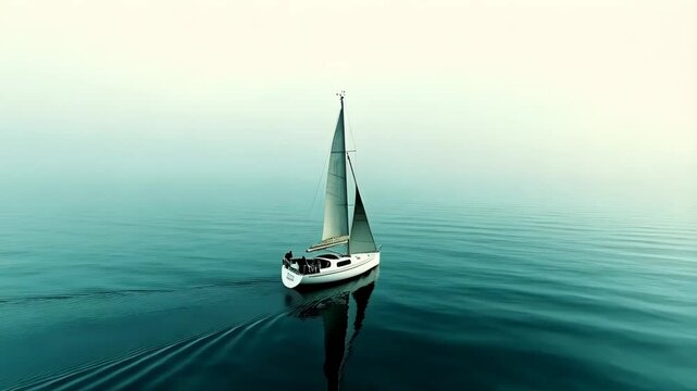  A minimalist seascape featuring a single sailboat gracefully gliding on calm waters. The clear sky and smooth water surface create a serene and peaceful scene, suitable for travel, leisure