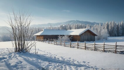 Minimalist winter scene with snow-covered rural house and bamboo fence in the background.