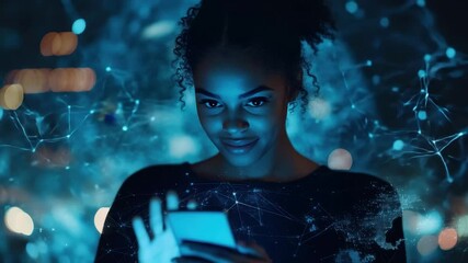 Biracial woman engages with technology against a glowing globe and connected network, network of connections and globe over biracial woman using smartphone - Powered by Adobe