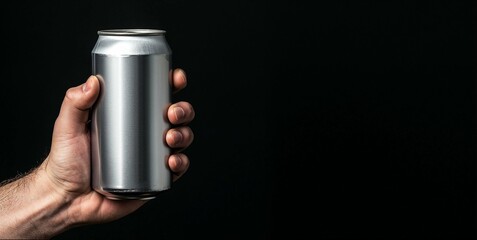 Hand holding aluminum can, black background with copy space