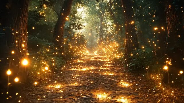 Magical forest path with ethereal lights and glowing fireflies, an enchanted woodland scene