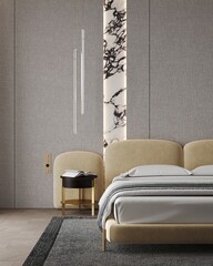 Luxury bedroom interior with cozy bed and pillows and comforter, wooden console and closet, hanging lamp, window to amazing view, wooden arm chair, glossy marble panels. 3D Rendering