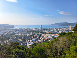 View over Patong, Phuket and Patong Beach, Thailand. Phuket Patong viewpoint with ocean view. Patong Beach aerial view.