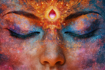 A cosmic face with eyes closed, adorned with intricate gold patterns and a vibrant gemstone.