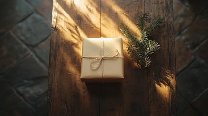 Wrapped Gift on a Rustic Wooden Table With a Touch of Greenery as Warm Sunlight Streams In, Creating a Cozy Atmosphere During the Festive Season
