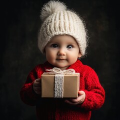 Joyful Child Dressed in Cozy Red Sweater and White Hat Holding a Beautifully Wrapped Gift in a Dimly Lit Room During a Festive Celebration