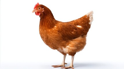 Fototapeta premium Brown hen standing on white background in studio shot. Ecological farming concept