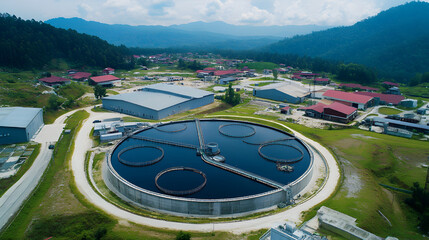 Aerial view circular clarifier tank at watewater treatment plant, Industrial infrastucture, Environment technology sustainable water management system, Semimentation tank circular clarifier.