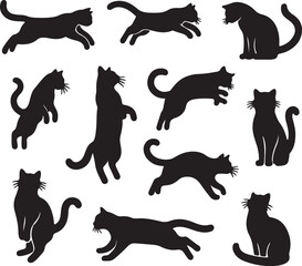Set of lack cat silhouette jumping and standing  vector silhouttee on white background