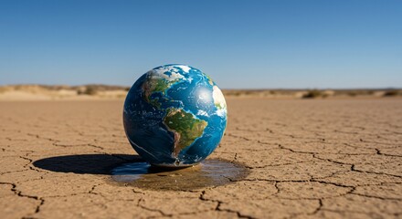 Globe weeps in cracked barren landscape