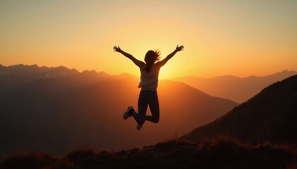 Person Jumping in Mountain Landscape at Sunset
