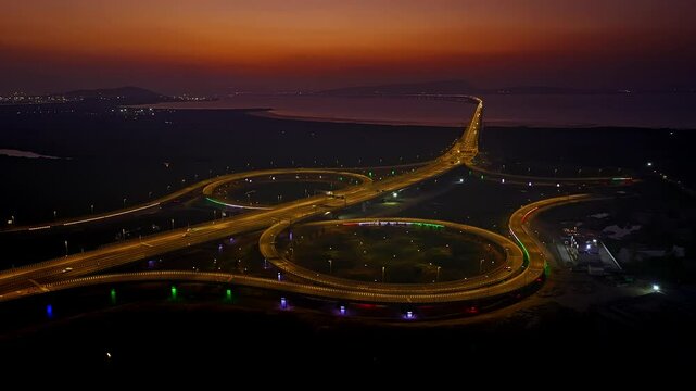 India's longest sea bridge: Trans-Harbour Sea Link. Atal Setu sea bridge in Mumbai, Maharashtra, India. Time-lapse of a city at night with bright skyscrapers and a dense network of glowing buildings.