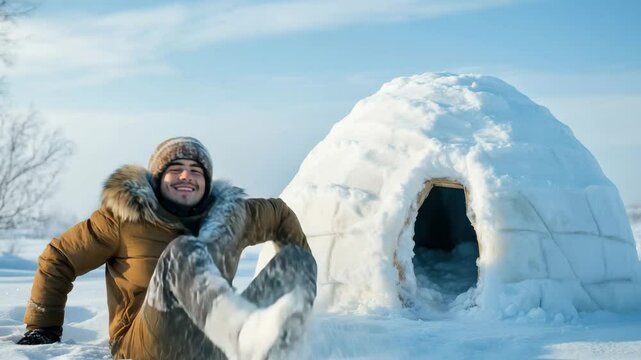 Eskimo enjoying winter beside an igloo in a snowy landscape under a clear sky, Eskimo next to an Igloo in the snow