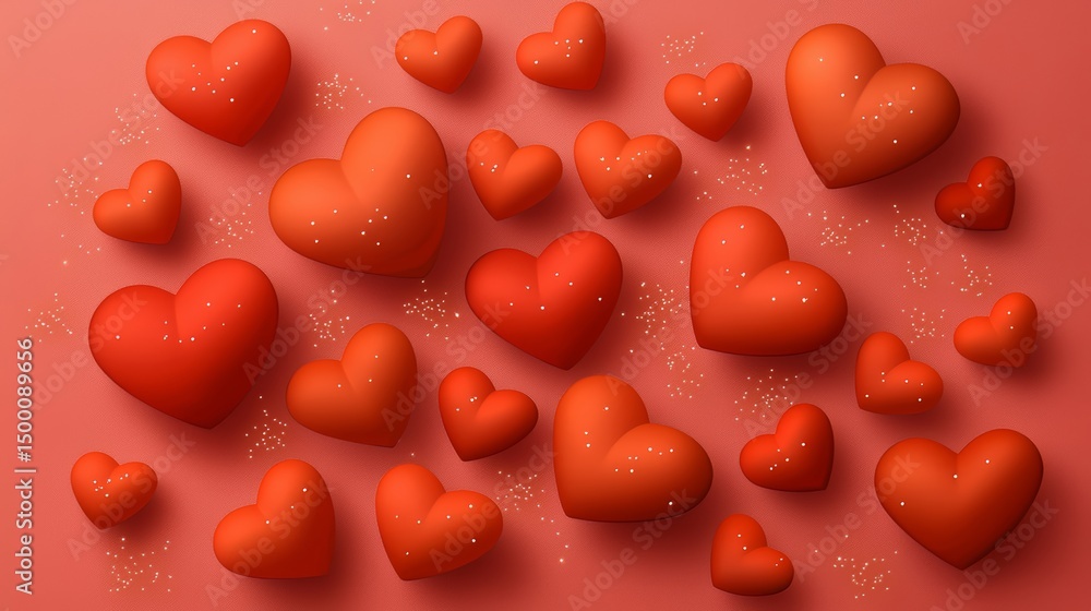 Aufkleber Red background with many red hearts scattered across it. The hearts are all different sizes and are placed in various positions. Scene is one of love and affection