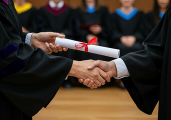 A close-up of two individuals shaking hands, one receiving a rolled-up diploma, symbolizing achievement, recognition, and academic success