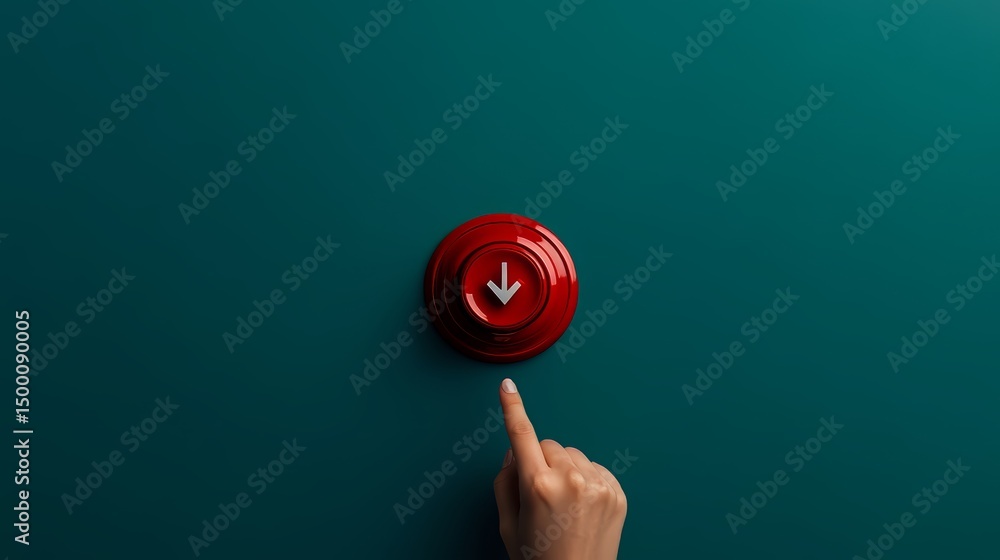 Aufkleber Red button with an arrow pointing down is being pressed by a person's finger. The button is located on a green background