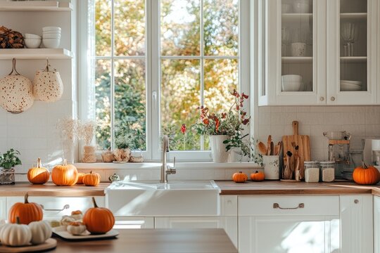 Fototapeta Cozy autumn kitchen with pumpkins and fall decor. Sunlight streams through a large window