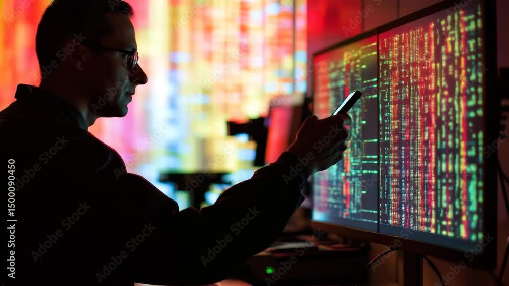 Poster digital data processing in a high-tech environment focused on scope scanning at night, digital data 