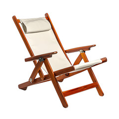 Sport Inspired Reclining Wooden Beach Chair with White Cushions Isolated on Transparent Background
