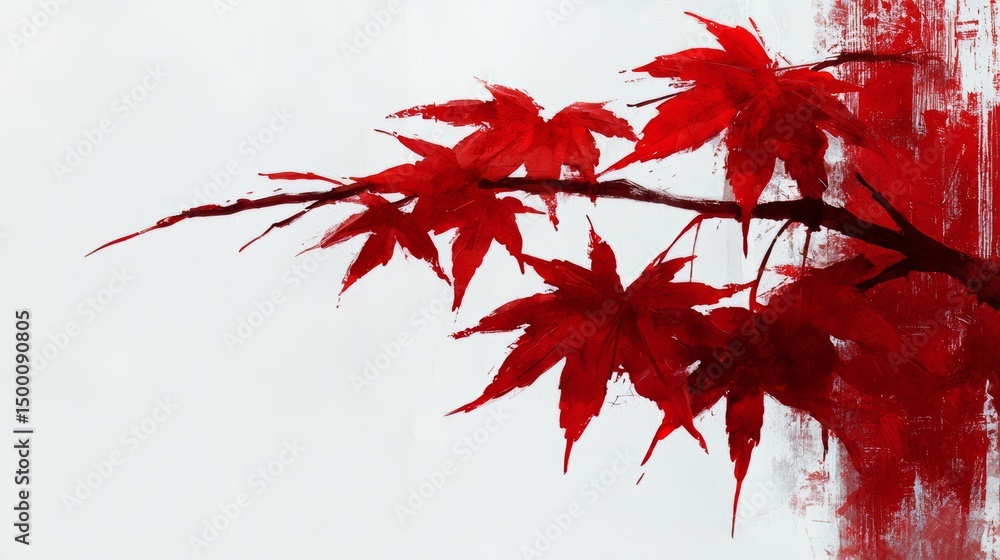 Poster red leafy branch with a white background. the red leaves are painted in a way that they look like th