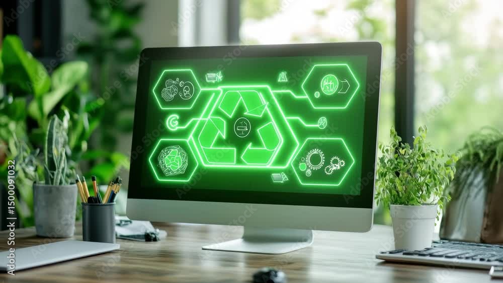Poster ecology icons displayed on computer screen in modern office environment with greenery, ecology icons