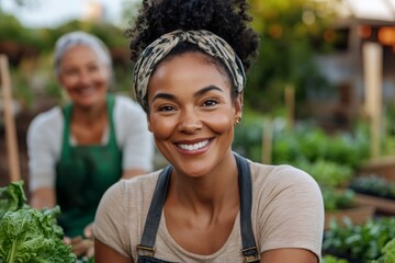 Female farmer smiling at local farm with colleague in background