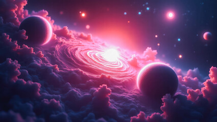 Cosmic Abstract Sci-Fi Art: Mystical Planets and Ethereal Stellar Formations in a Starry Night Sky