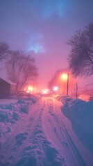 Enchanting Winter Evening in a Quiet Town Illuminated by Glowing Streetlights and Soft Hues of Snow Under a Mystical Sky