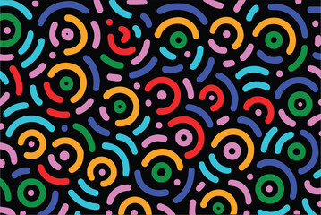 Memphis geometric seamless pattern. Abstract multicolor background with circles, curves, short rounded lines and dots. Fun kid doodle design element for cover, poster, banner, label, textile, wrapping