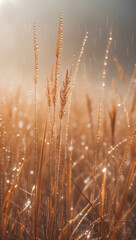 Morning Dew Drops on Grass Field: A Close-Up of Nature's Tranquil Beauty in Soft Light and Misty Autumn Sunrise