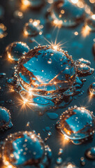 Macro Photography of Water Droplets: Sparkling Effects on Blue Background with Glistening Surfaces and Mystical Atmosphere