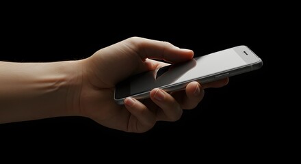 Hand holding modern smartphone against dark background