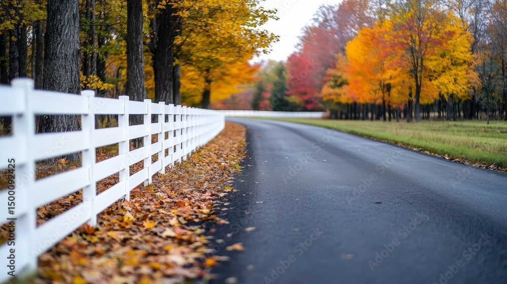 Poster road with a white fence and trees in the background. the leaves are falling and the road is wet