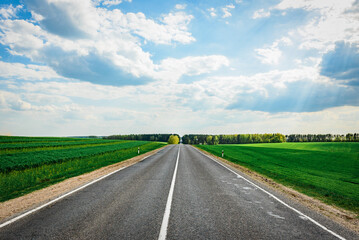 Fototapeta premium Asphalt road on a green meadow in Belarus at sunset.