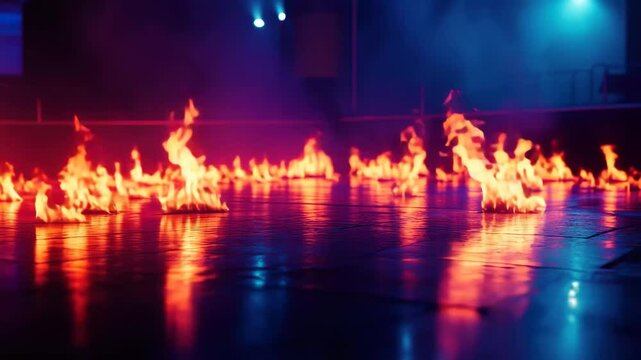Flames dancing across the concert floor during an intense musical performance at night, Flames move across a concert floor