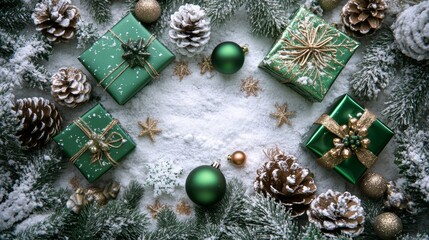 Festive Green Presents and Warm Decorations Create a Cozy Holiday Atmosphere Amid Snowy Pinecones and Glimmering Ornaments